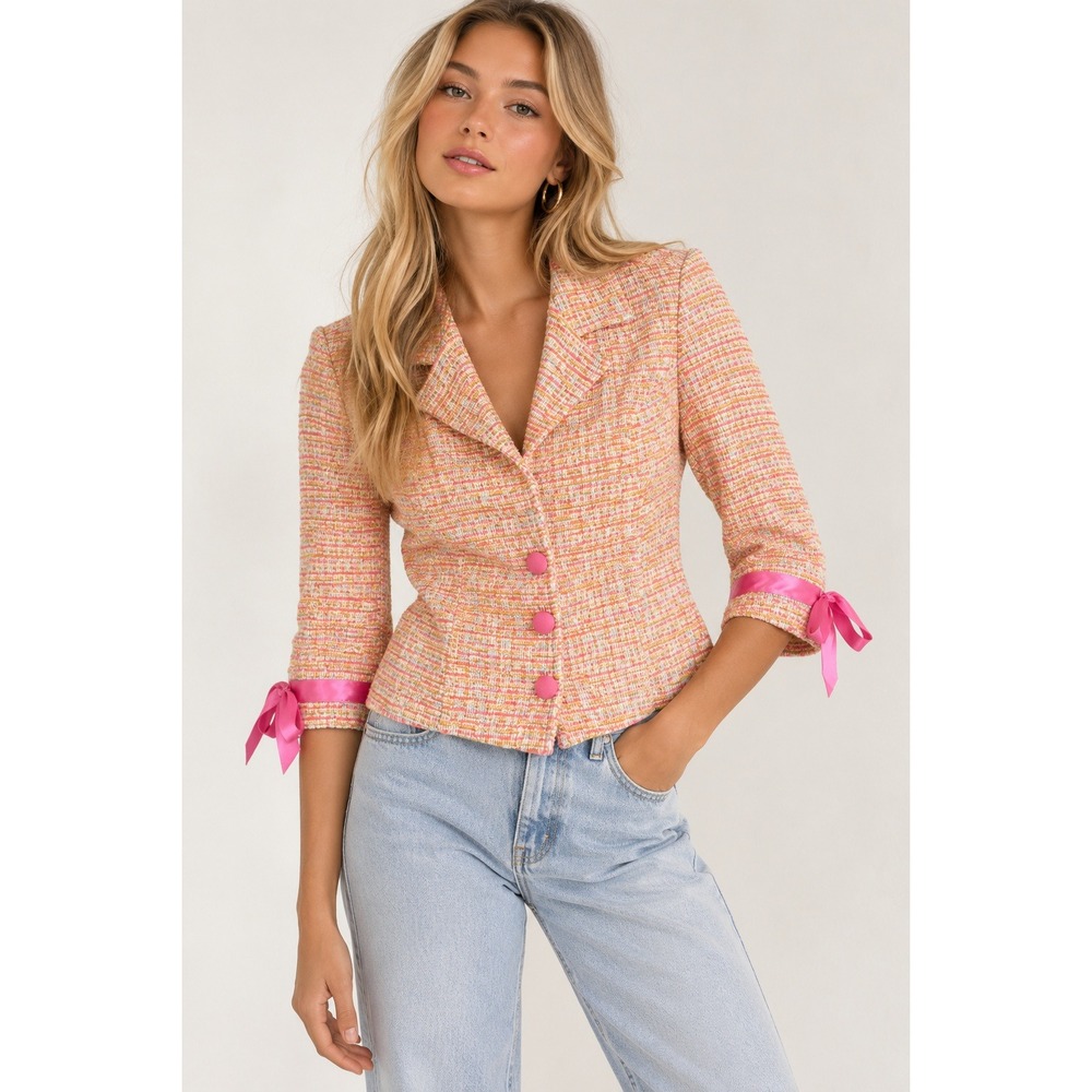 Vintage Y2K Tweed Blazer Women M Pink Bow Retro Coquette Barbie Preppy Old Money